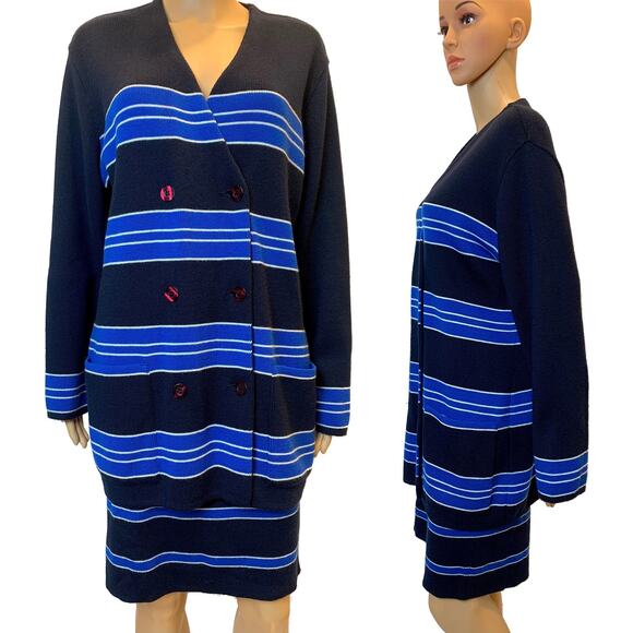 80s RODIER Dark Blue Knit Skirt Suit | Oversized Blazer Cardigan & Pencil Skirt - Picture 6 of 10